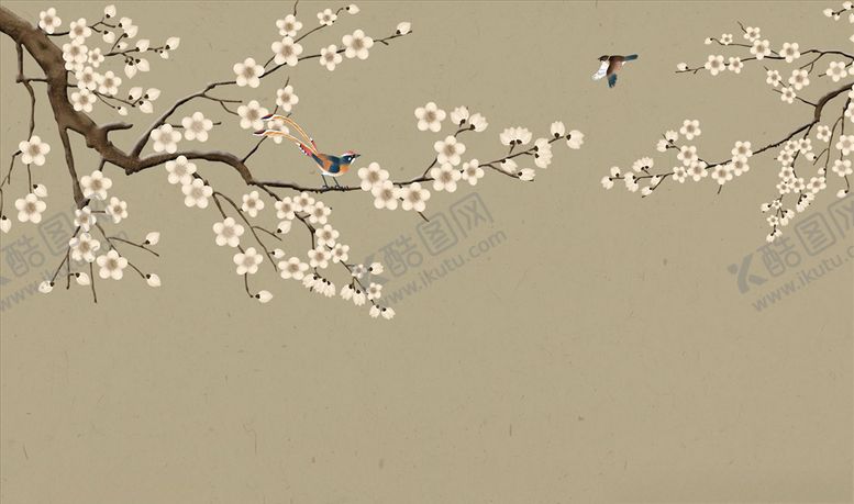 编号：49481806181200084422【酷图网】源文件下载-花鸟画梅花飞鸟背景墙