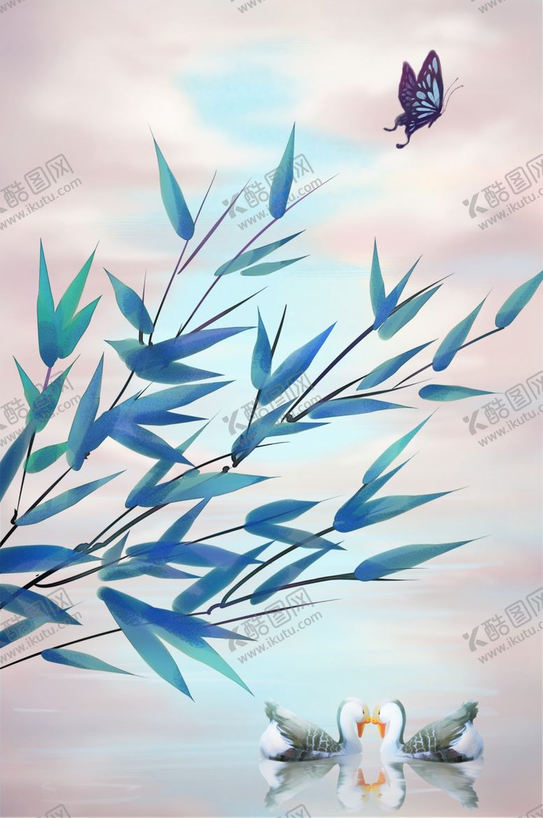 编号：72209105061431444775【酷图网】源文件下载-树叶柳树清新国风插画背景
