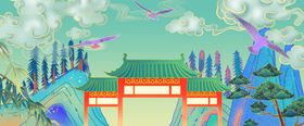 中国风金线山水新式古风牌坊国潮
