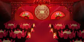 中式红色喜庆婚礼舞台背景