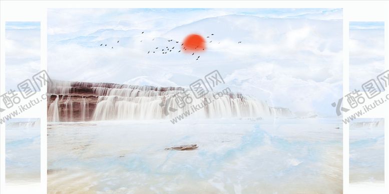 编号：27557305180724018736【酷图网】源文件下载-山水画太阳小船背景墙