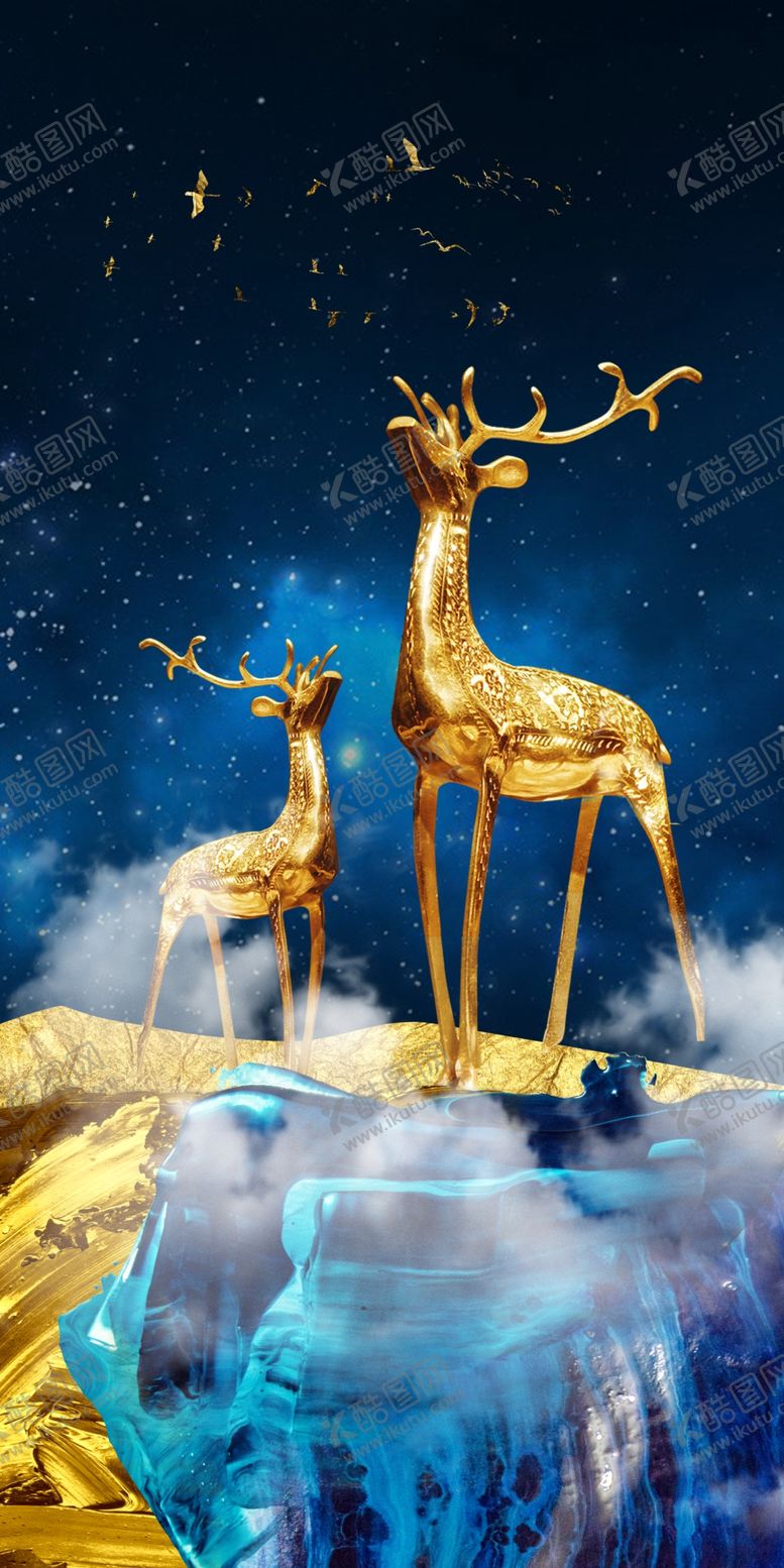 编号：32658609300303023181【酷图网】源文件下载-新中式豪华麋鹿山水装饰画