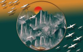 山水画背景墙图片