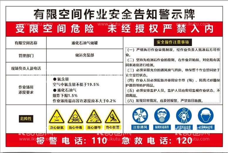 编号：63356212151715089486【酷图网】源文件下载-液化石油气储罐有限空间作业警示