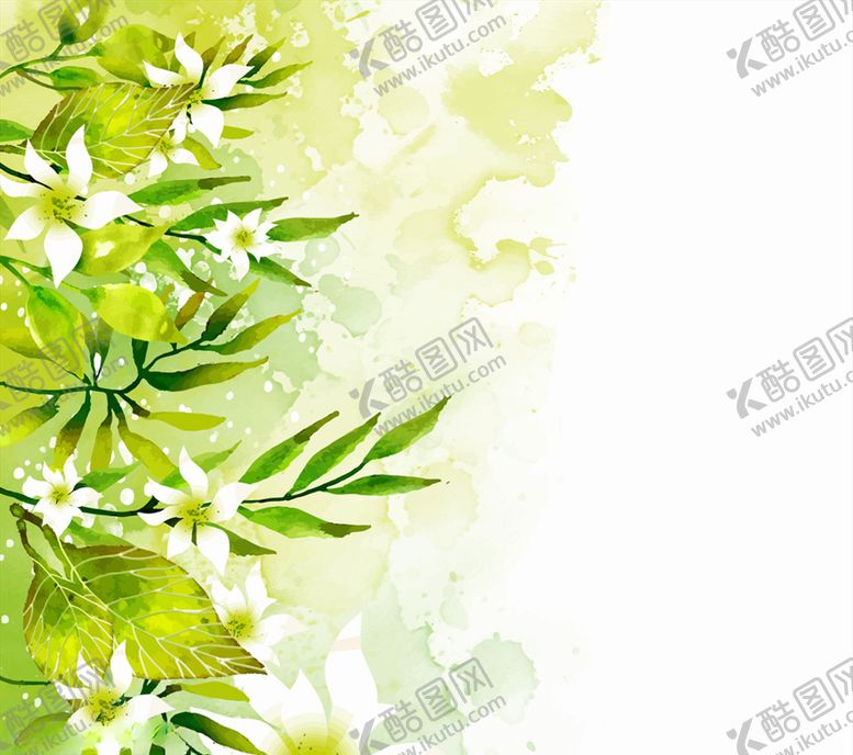 编号：55029010281235588466【酷图网】源文件下载-水彩绘绿色树叶白色花卉
