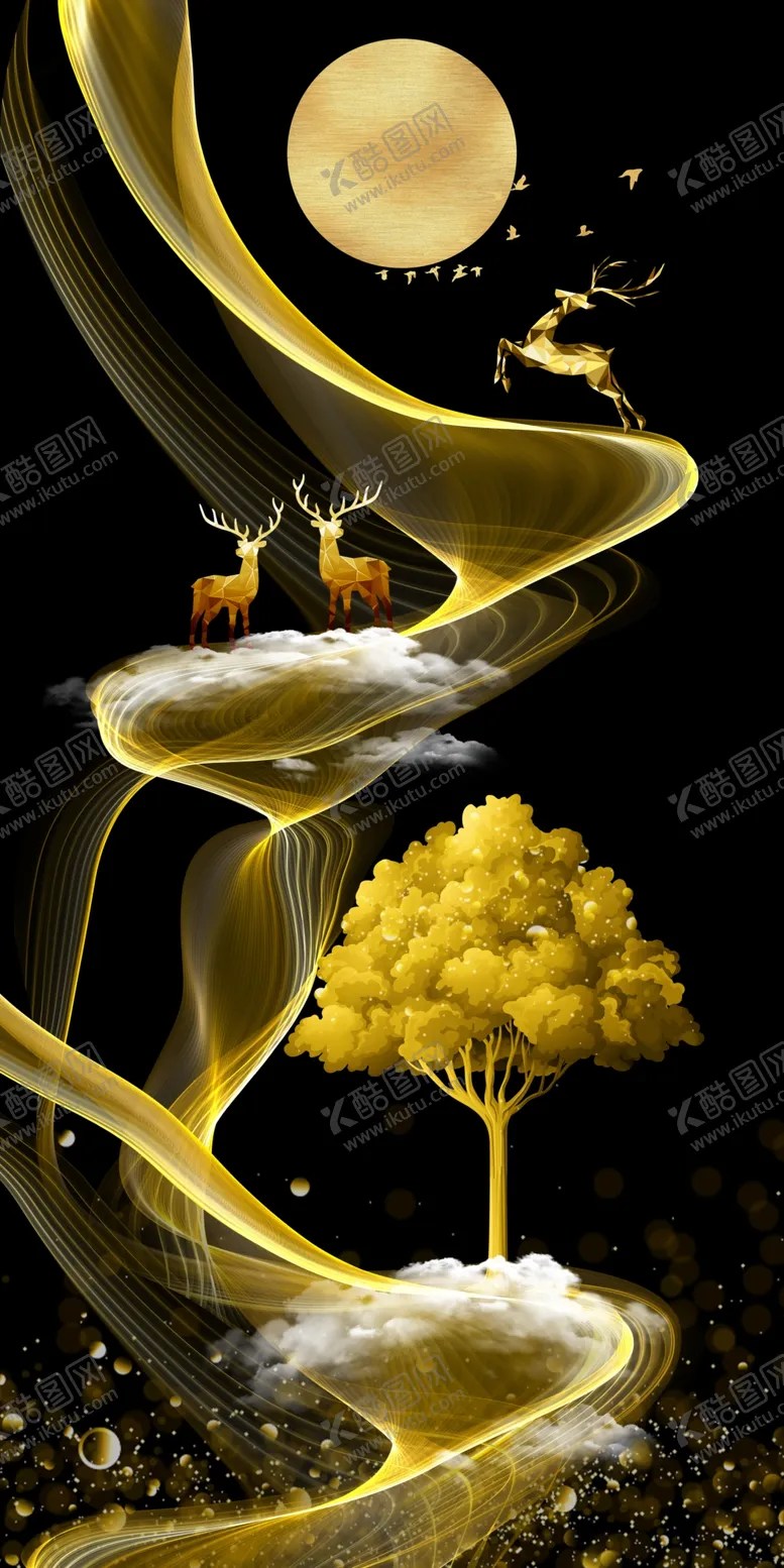 编号：97312001151008428654【酷图网】源文件下载-丝带金色麋鹿意境山水装饰画