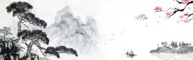 水墨背景禅意山山画家圆形山画