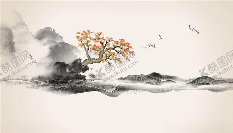 水墨山水树飞鸟背景墙现代电视