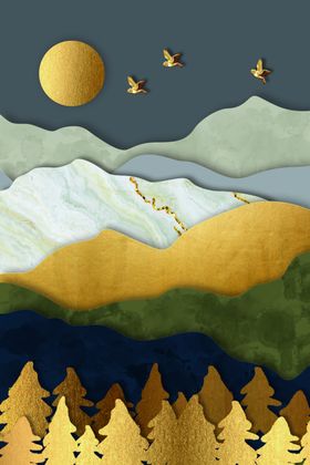 山水立体金色墙画壁纸背景素材