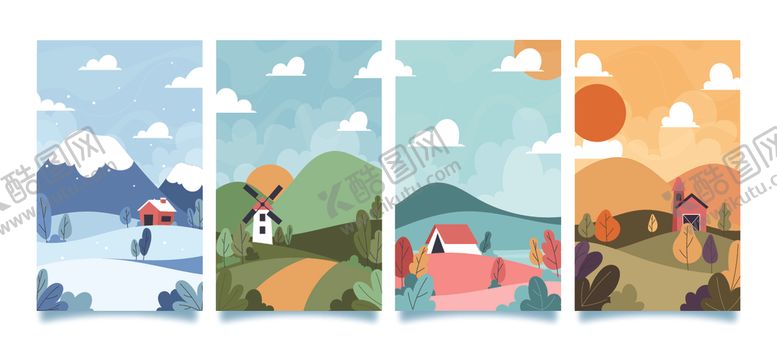 编号：53570010162237019766【酷图网】源文件下载-卡通风景插画四幅组图