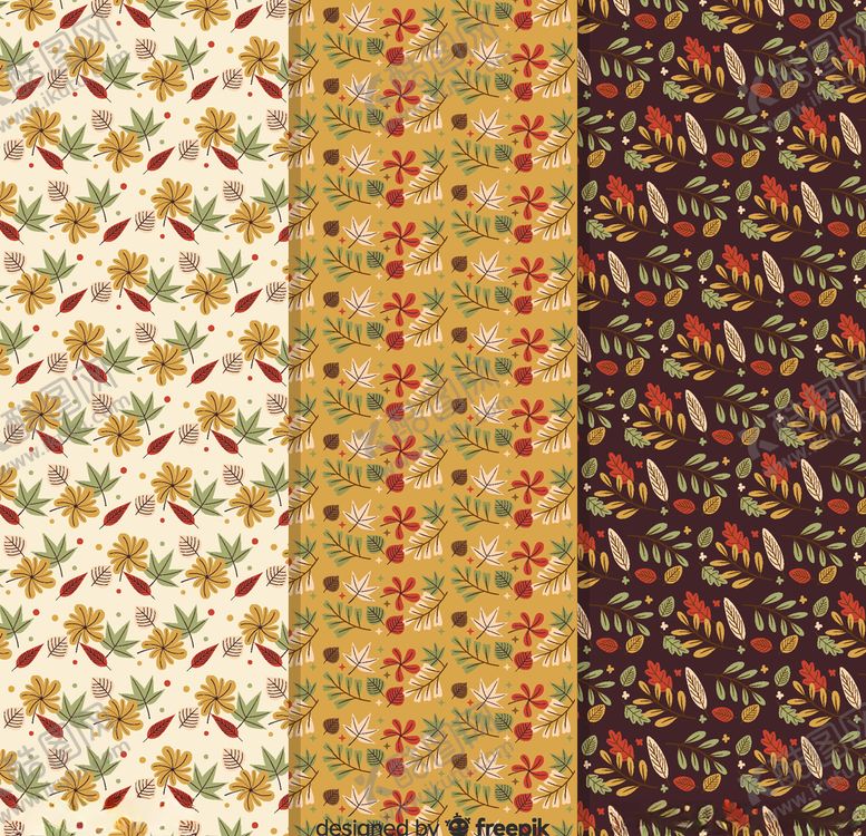 编号：13505209222050369935【酷图网】源文件下载-3款复古秋季树叶无缝背景