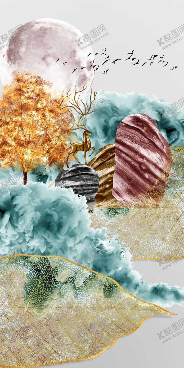 编号：22711309130031316407【酷图网】源文件下载-新中式麋鹿装饰画