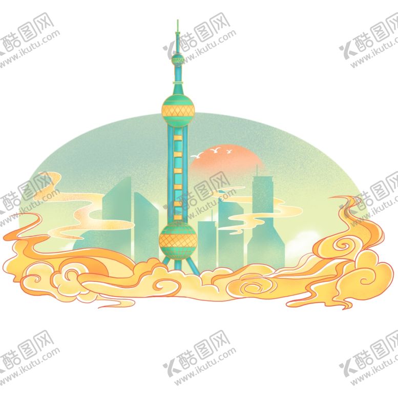 编号：81845702281956189507【酷图网】源文件下载-国潮手绘建筑与祥云红日