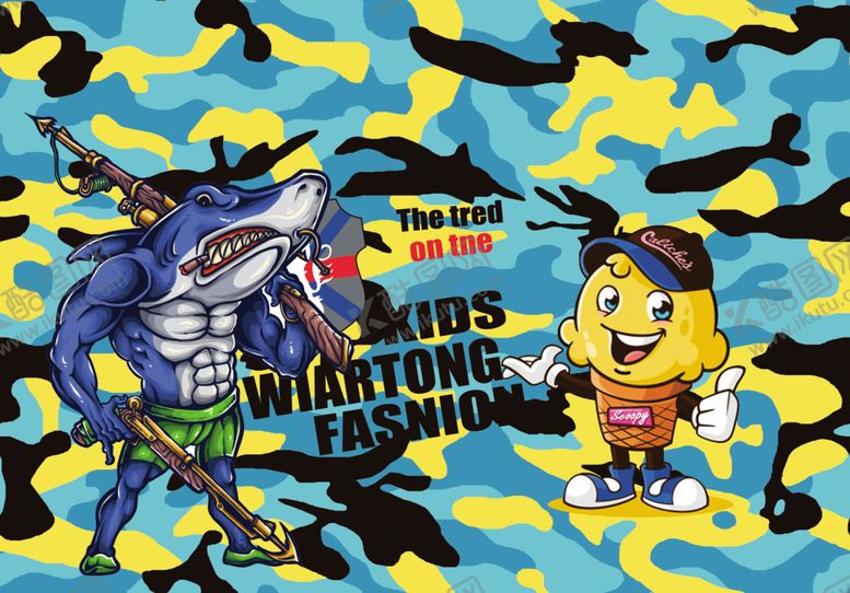 编号：26832210042152224915【酷图网】源文件下载-卡通鲨鱼男孩迷彩