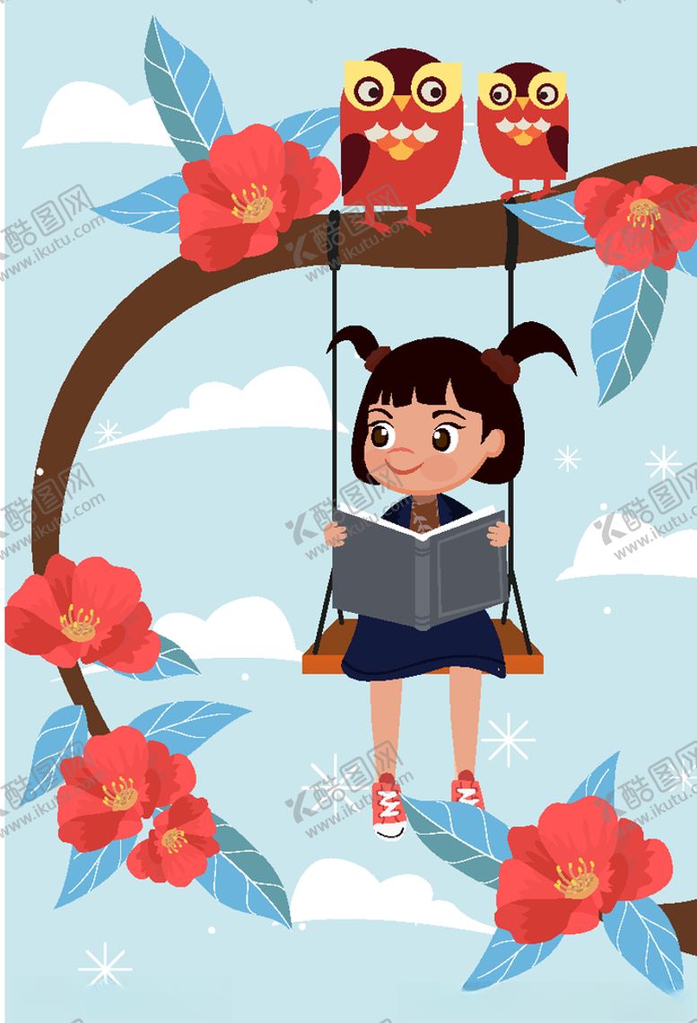 编号：79458010171101455854【酷图网】源文件下载-创意花树秋千上读书的女孩