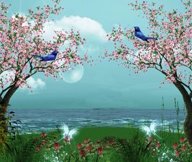 梅花小鸟月夜大海潮汐