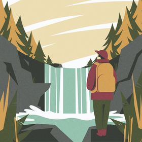 徒步旅行卡通人物山考察者