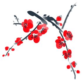 中国风水墨梅花树枝积雪新年小船