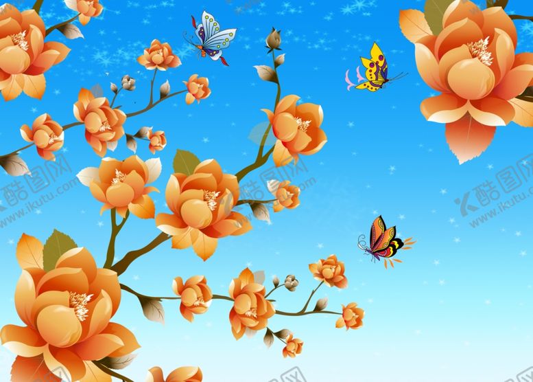 编号：60565709281532476471【酷图网】源文件下载-雪花橘黄色牡丹花开蝴蝶