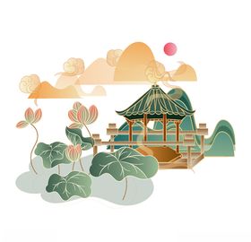 手绘宫廷工笔画山水八角亭荷花