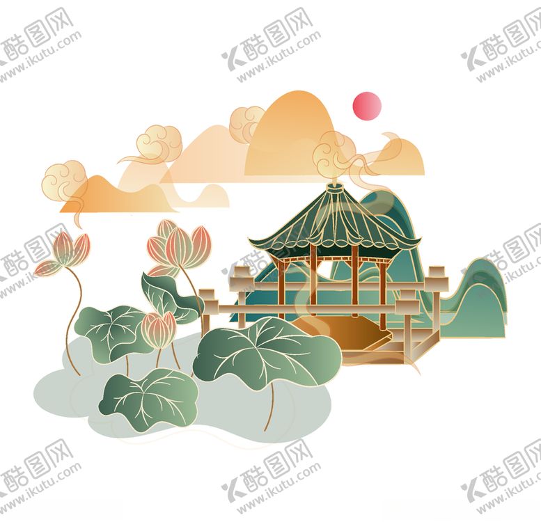 编号：78086706161630598773【酷图网】源文件下载-手绘宫廷工笔画山水八角亭荷花