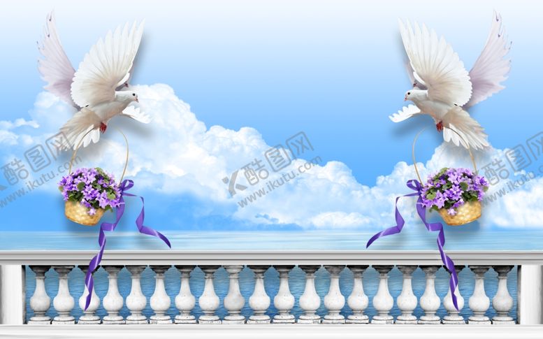 编号：19727709091306131123【酷图网】源文件下载-海边鸽子花篮白云背景墙