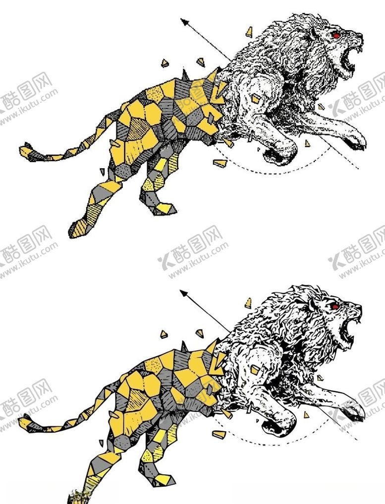 编号：28779605052235057348【酷图网】源文件下载-咆哮的金色狮子描摹矢量图