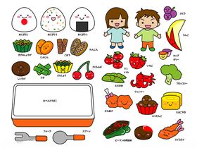 儿童与多样食物插画场景