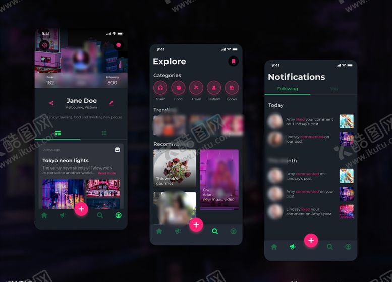 编号：78967910150218427965【酷图网】源文件下载-xd社交深色UI设计个人中心页