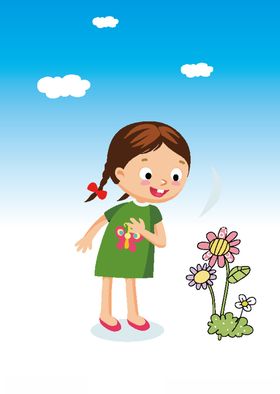 女孩观赏花朵