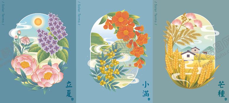 编号：69380309212224174626【酷图网】源文件下载-花卉图案装饰画四季插画