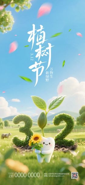 春季312l绿色立体数字植树节口腔海