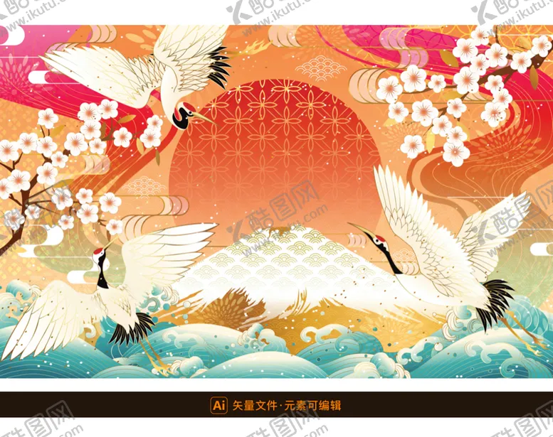 编号：77510401182325184200【酷图网】源文件下载-仙鹤海浪国潮流元素
