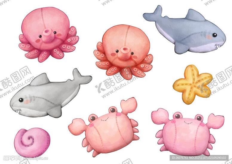 编号：60537511181907257189【酷图网】源文件下载-海洋生物水彩插画集合