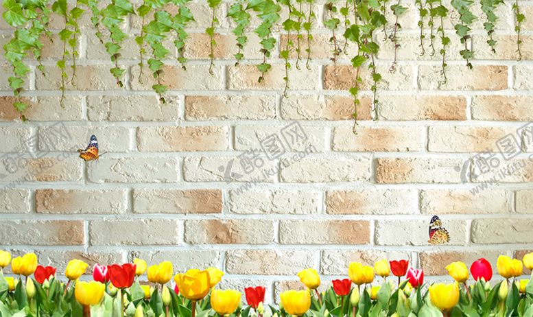 编号：64504511131418268345【酷图网】源文件下载-树藤花朵花丛砖墙电视背景墙