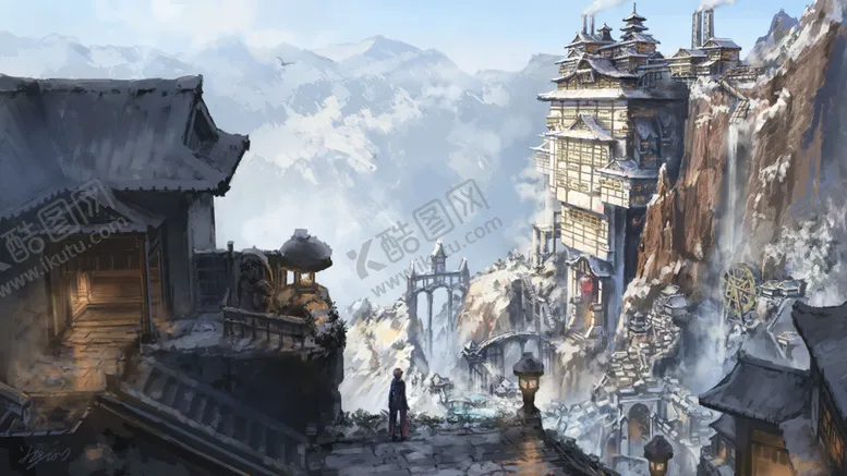 中国风大气插画场景建筑战争奇幻