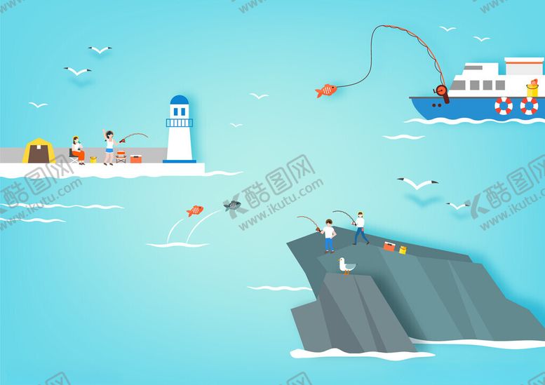 编号：54588504220053289629【酷图网】源文件下载-海上捕鱼场景插画
