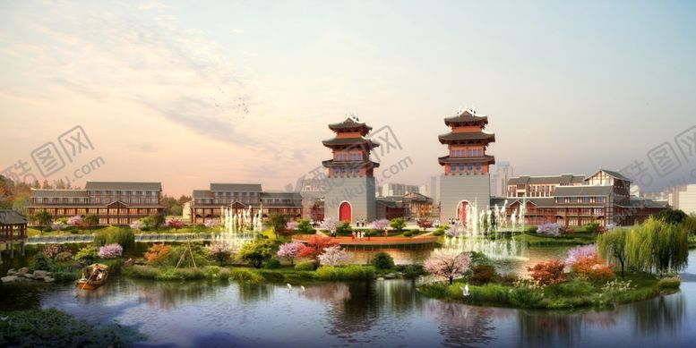 编号：92332609261249391059【酷图网】源文件下载-湖边建筑景观效果图