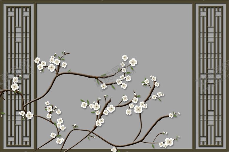 编号：24139907062232062324【酷图网】源文件下载-花鸟画梅花背景墙