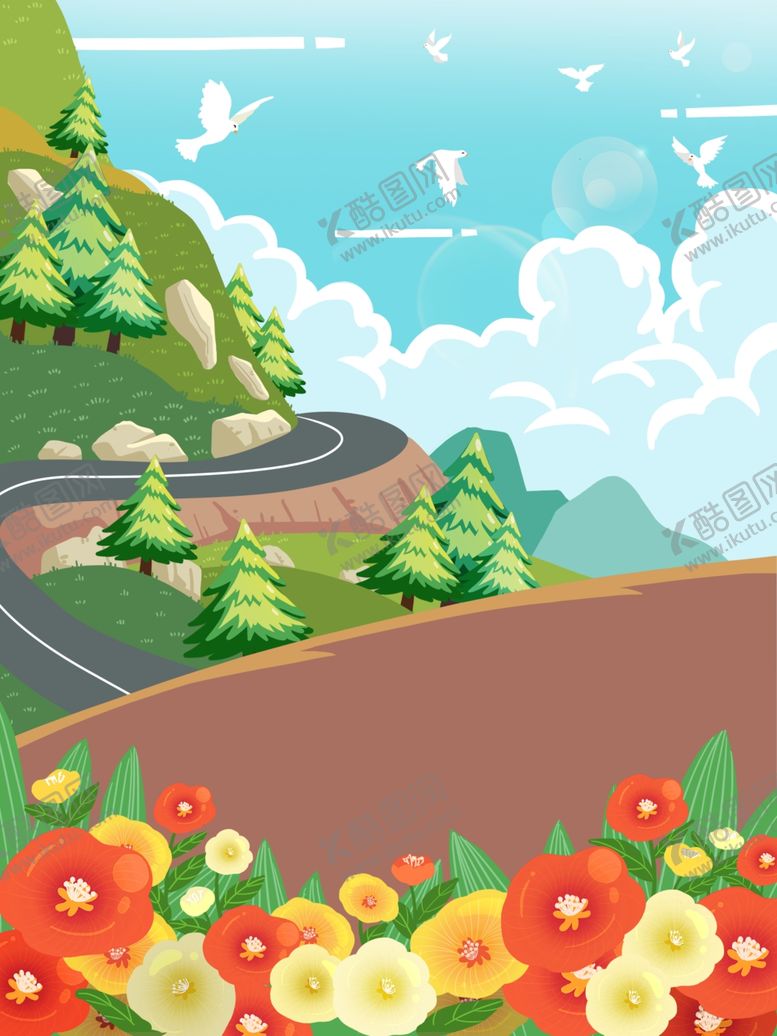 编号：81331810070545508175【酷图网】源文件下载-卡通山路公路草地蓝天背景