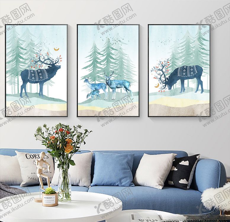 编号：12295609210532184856【酷图网】源文件下载-森林麋鹿三联装饰画