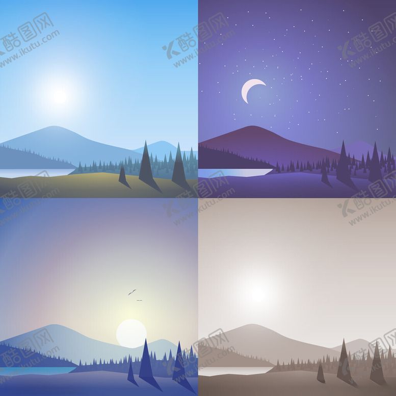 编号：55225409211904437099【酷图网】源文件下载-四幅唯美自然风景插画