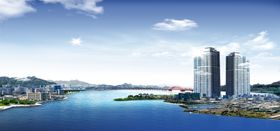 蓝天白云大气绿色清新背景展板环保草地