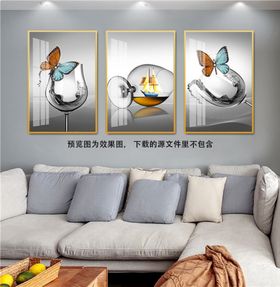 金色羽毛帆船酒杯三联挂画装饰画