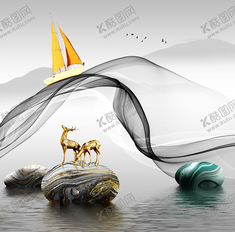 编号：02815409300719173264【酷图网】源文件下载-麋鹿鹅卵石湖泊艺术挂画装饰画