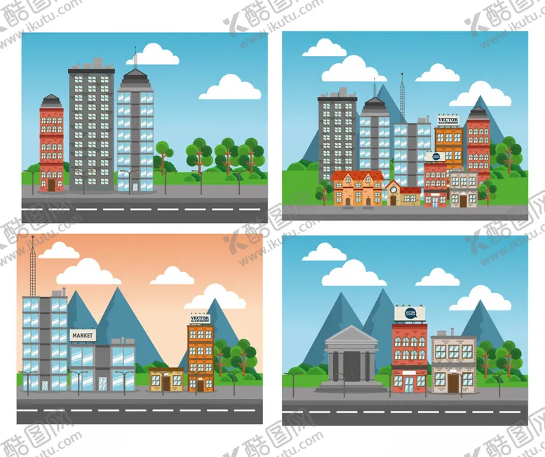 编号：57377006300345372986【酷图网】源文件下载-多样城市建筑景观插画