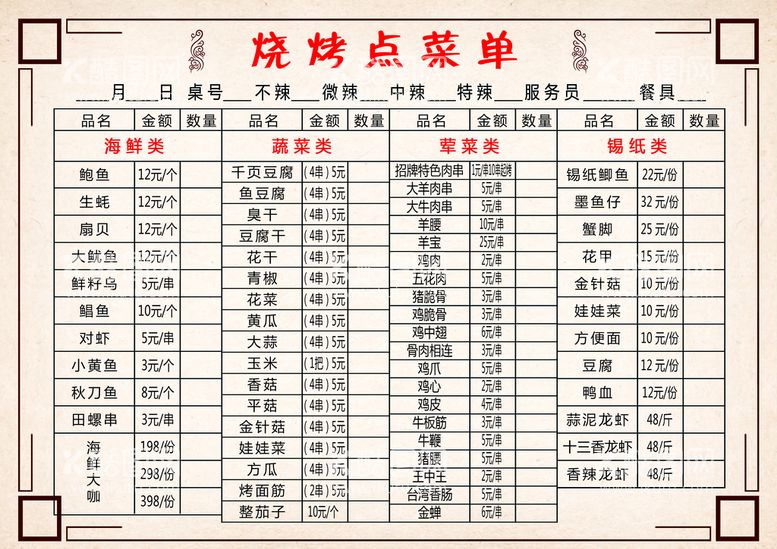 编号：31948609300930406917【酷图网】源文件下载-烧烤点菜单