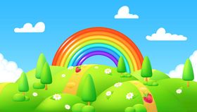 彩虹下的绿色梦幻山丘