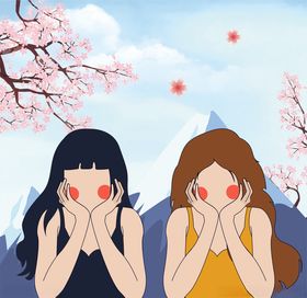 手绘插画赏樱姐妹
