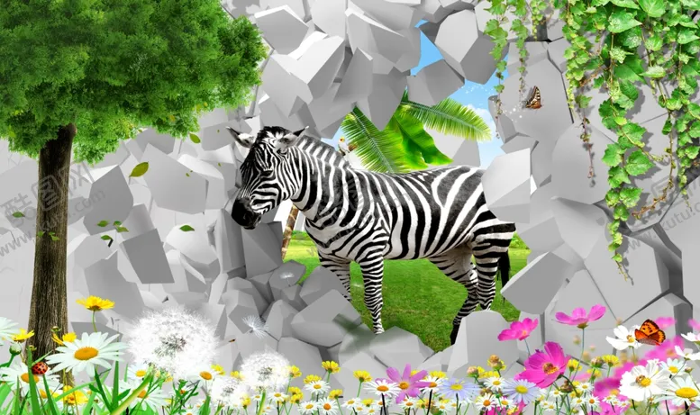 编号：35457310040754162020【酷图网】源文件下载-3D斑马破墙而出